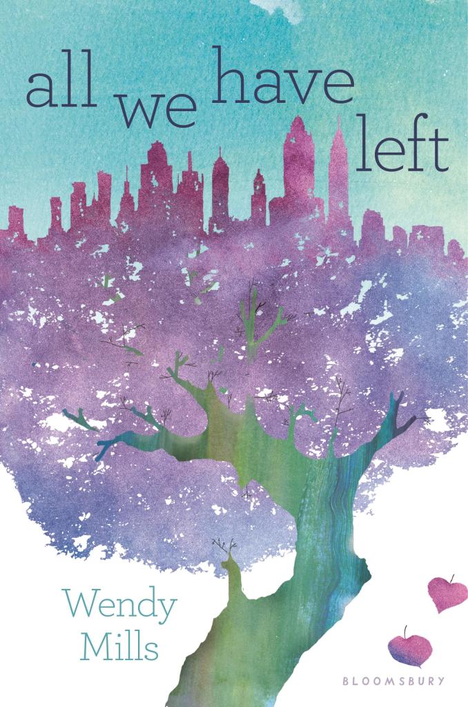 Couverture du roman All we have left. Le feuillage violet d'un arbre se fond avec une silhouette de New York.